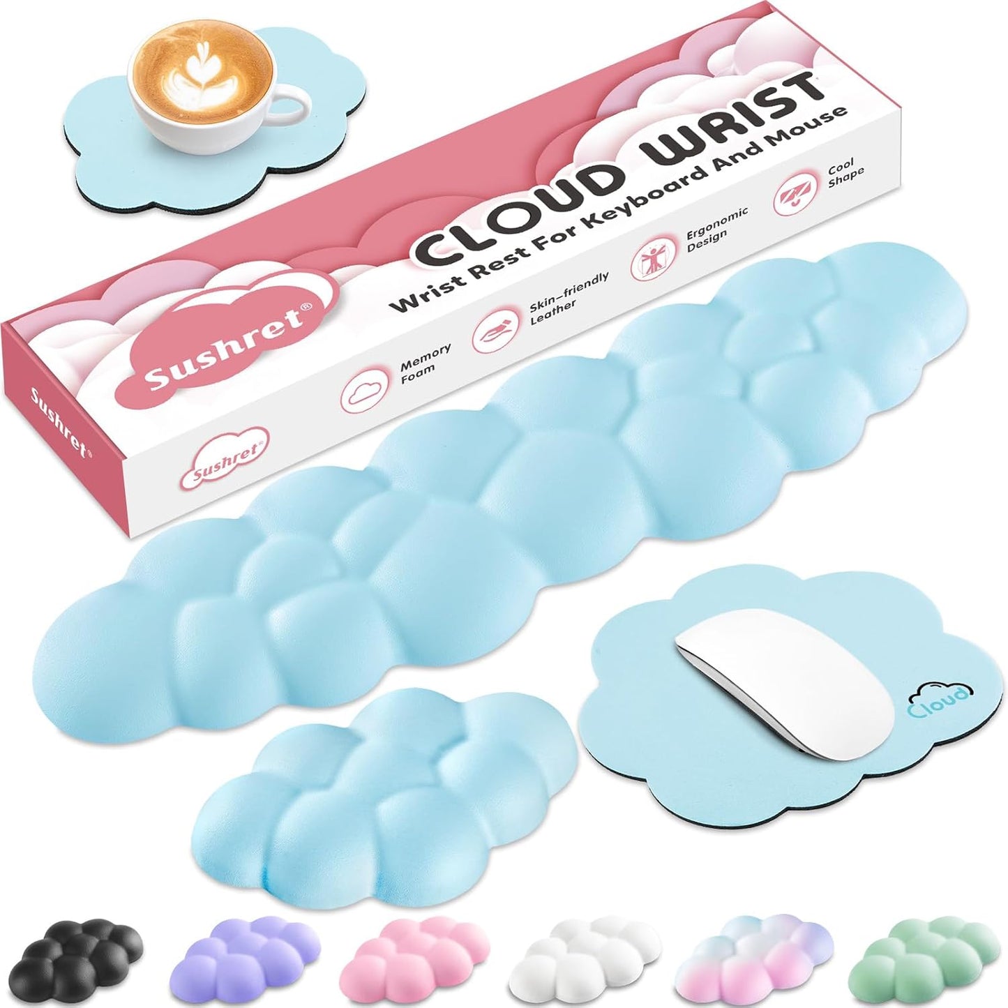 Cloud Wrist Rest for Computer Keyboard, 4-in-1 Memory Foam Leather Cloud Keyboard Wrist Rest and Mouse Pad Set with Ergonomic Support for Arm and Palm Cushion, Gaming/Work Setup, Blue