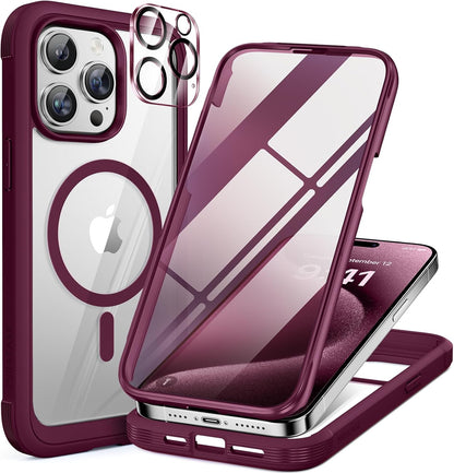 Miracase Magnetic for iPhone 12 Pro Max Case [Compatible with MagSafe] Full-Body Phone case with Built-in Glass Screen Protector& Camera Protector, Military Drop Proof 12 Pro Max Cover, Wine Red
