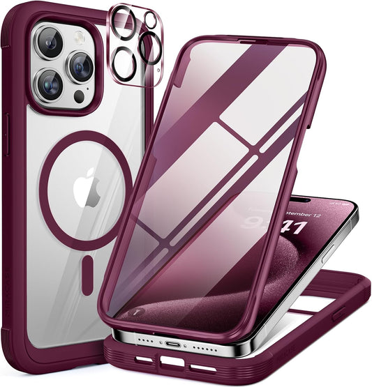 Miracase Magnetic for iPhone 12 Pro Max Case [Compatible with MagSafe] Full-Body Phone case with Built-in Glass Screen Protector& Camera Protector, Military Drop Proof 12 Pro Max Cover, Wine Red