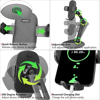 APPS2Car Phone Stand for Desk [No Dropping Stable Triple-Clamp Holder] Adjustable Height 360 Degree Rotation Heavy Base Thick Case Friendly, Multifunctional Cell Phones Stand for iPhone Android Phones