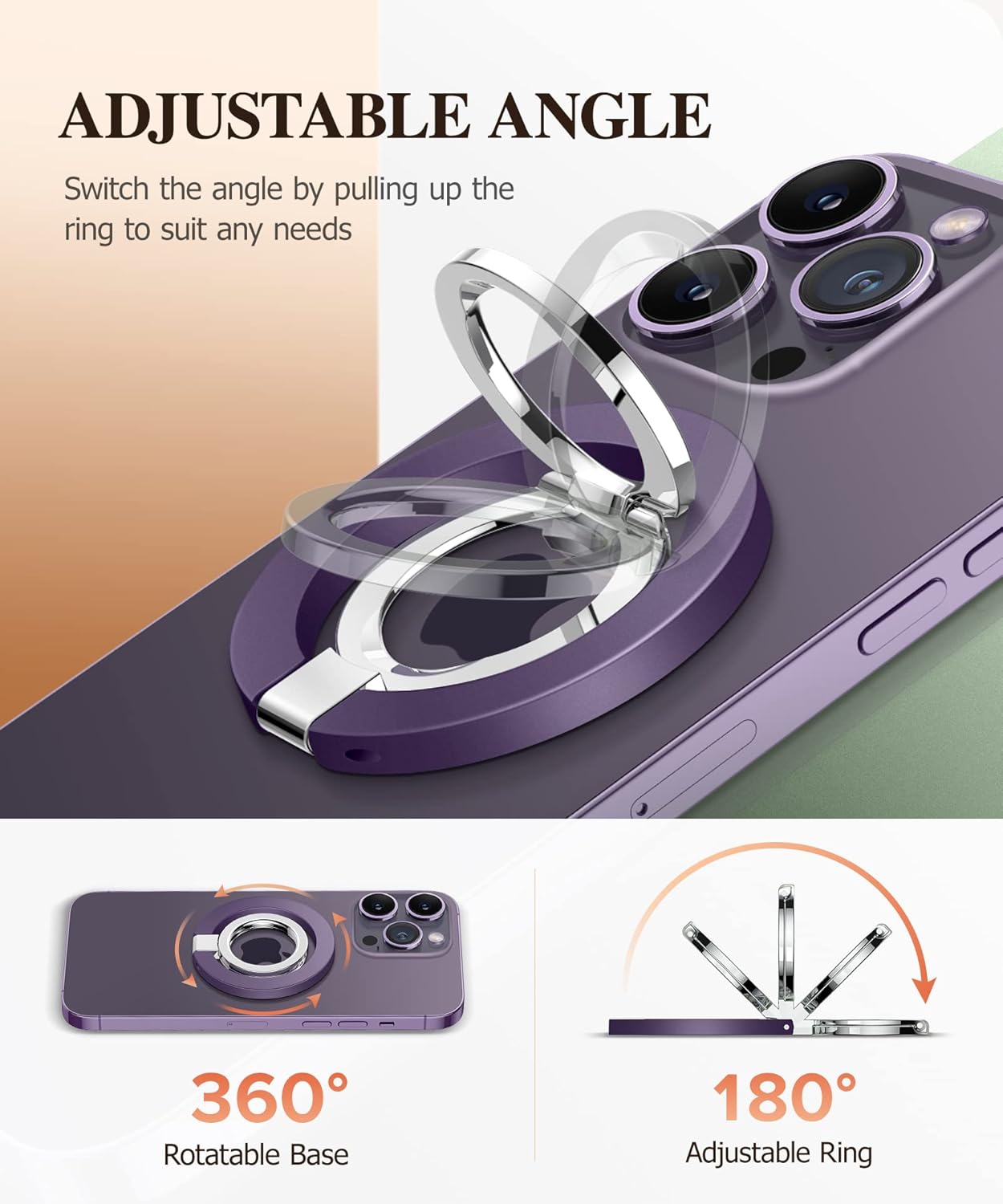 GVIEWIN Magnetic Phone Ring Holder, Compatible with MagSafe Phone Grip with Adjustable Stand, Magnet Phone Ring Kickstand for iPhone 16 Pro Max/Plus/15/14/13/12 Series/Other Phones (Purple)