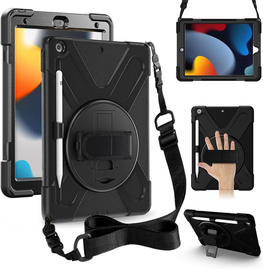 ZenRich Shockproof Case for iPad 9th/8th/7th Generation 10.2 inch 2021/2020/2019, Heavy Duty Rugged Case with Pencil Holder/360° Rotating Kickstand/Handle/Carrying Strap, Black