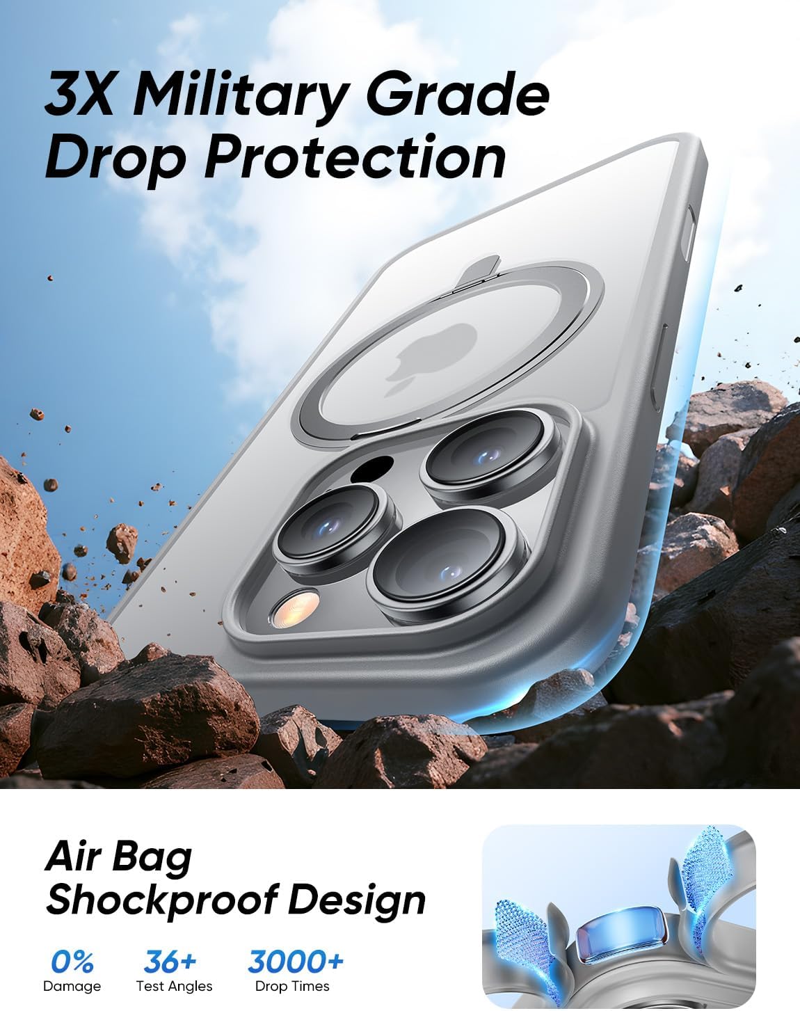 MAGIC JOHN 360° Rotatable Magnetic Invisible Stand for iPhone 16 Pro Max Case [Camera Control Button] [Compatible with MagSafe] 16FT Shockproof for iPhone 16 Pro Max Case with Kickstand, Gray