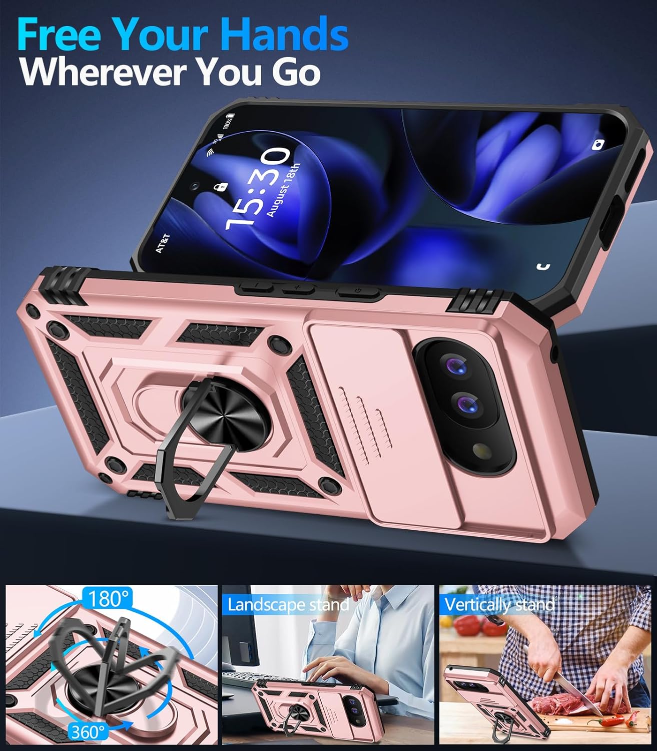 Taisairu for Google Pixel 9A Case with Screen Protector & Slide Camera Lens Cover, Built-in 360°Rotate Magnetic Ring Stand Shockproof Protective Phone Case for Google Pixel 9A Case (Rose Gold)