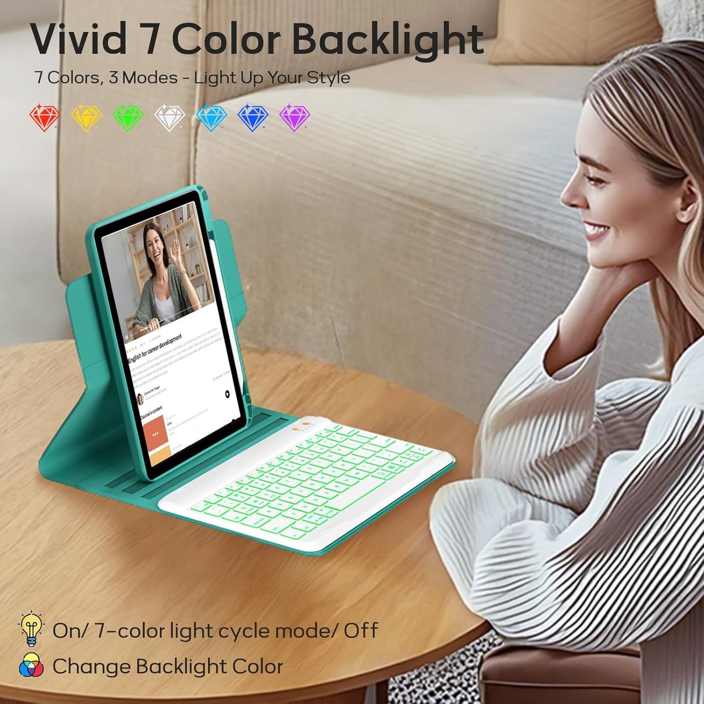 BLUTLOTUS for iPad iPad 9th 8th 7th Generation Case with Keyboard - 360° Rotatable Magnetic Folio Cover 2021/2020/2019, 7 Color Backlit Detachable Keyboard with Pencil Holder - Teal