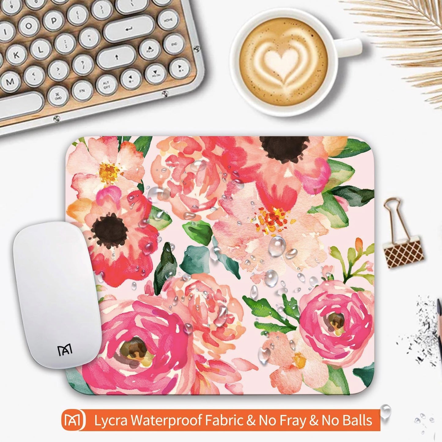 Square Mouse Pad Pink Watercolor Flower, Personalized Premium-Textured Custom Mouse Mat Design, Washable Mousepad Cloth, Non-Slip Rubber Base Computer Mouse Pads for Wireless Mouse