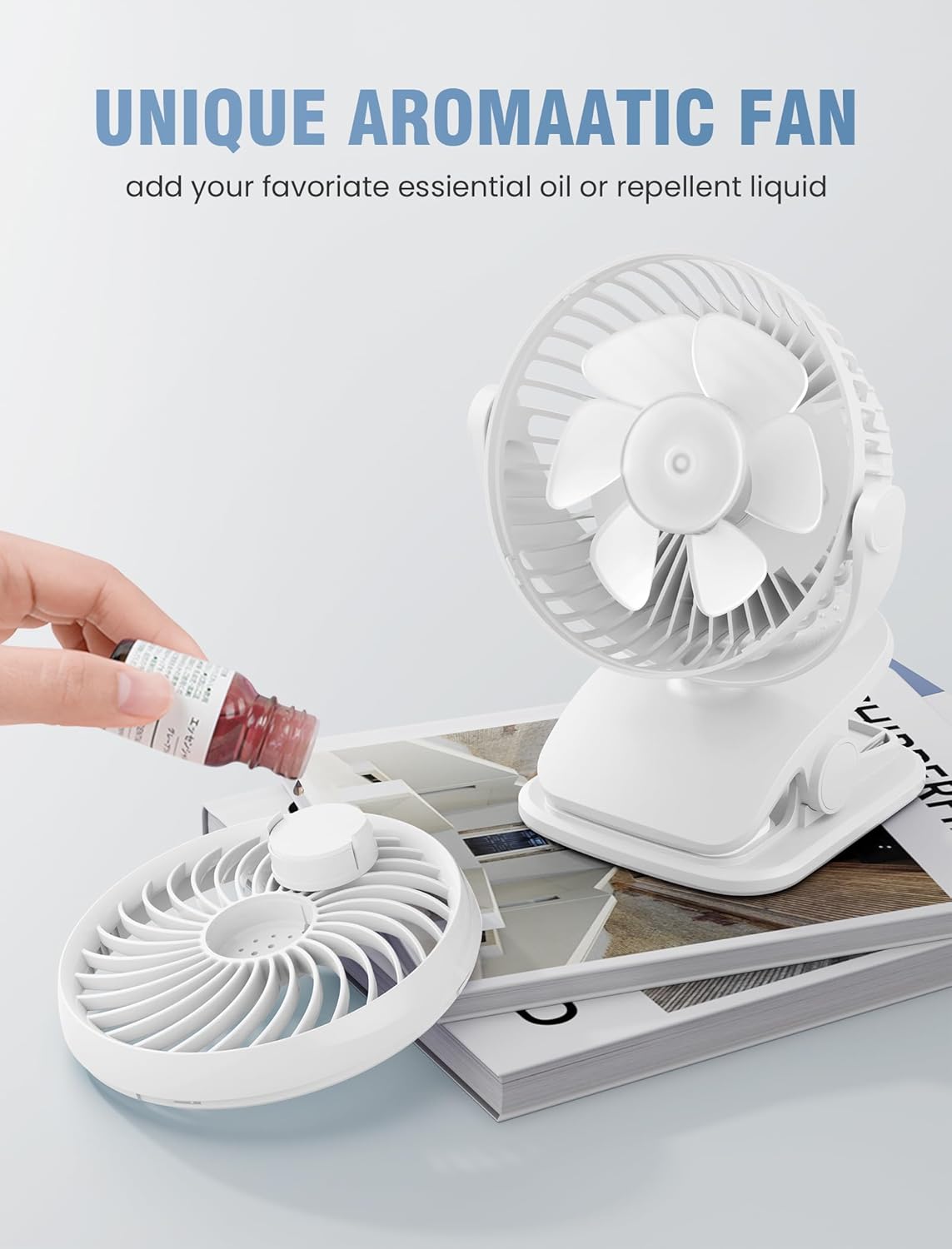 Shinebella AA Battery Powered Clip on Fan with 4-Speed, 5’’ Small Desk Fan with Aroma Function, USB Powered, 360°Rotation, Ultra Quiet, for Golf Cart, Stroller, Bedroom,Car(Batteries Not Included)