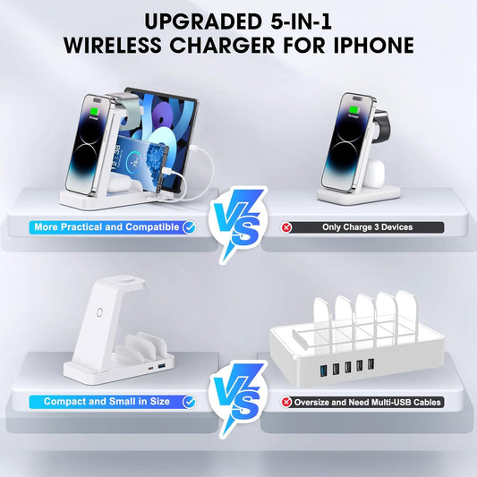 Wireless Charger for iPhone - 5 in 1 Charging Station for Multiple Devices Apple: Fast Wireless Charging Stand Dock for iPhone 16e 16 15 14 13 12 Pro Max Apple Watch Airpods(White)