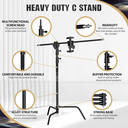 LOMTAP C Stand Light Stand Stainless Metal Photography Kit - Heavy Duty 6.8ft/210cm Vertical Pole, 2.8ft/87cm Boom Arm, Adjustable Base, Water Sandbag, 2 Grip Heads, 3 Clips for Softbox, Reflector