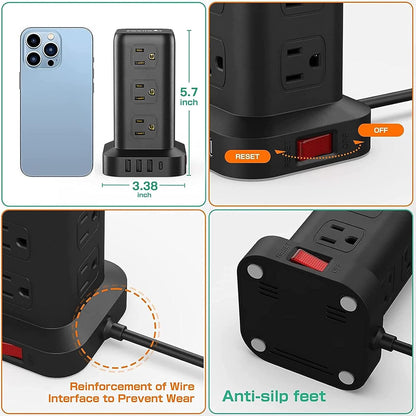 Extension Cord with Multiple Outlets, Surge Protector Power Strip Tower, 12 AC 4 USB，Surge Protector Tower 6.5FT Overload Protection for Home Office