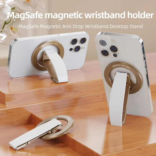 Magnetic-Phone-Grip-Stand, Magnetic Phone Ring Holder Kickstand with Silicone Finger Strap, Compatibility for iPhones, Androids, and More (White)