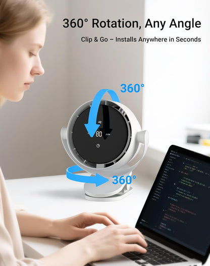 Portable Desk Fan, Clip-On Rechargeable USB Fan with 100-Level Precision Control & LED Touch, 360° Rotation, Ideal for Stroller, Office, Bedroom, Kitchen, Camping – White, 7-inch