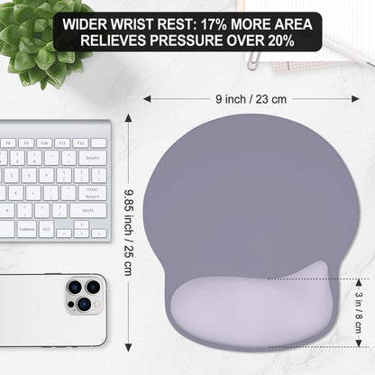 ITNRSIIET Ergonomic Mouse Pad with Wider Memory Foam Wrist Rest +17%, Curved Cushion Reduces Pressure 20%, Pain Relief, Non-Slip, Smooth, Cute Color Desk Accessory, 9.85 x 9 inch, Mist Gray