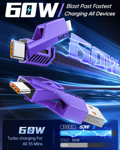 SHEZI [Upgraded 2.0 4-in-1 USB C Cable 60W 5FT Fast Charging [480Mbps Data Transfer] Flat Nylon Braided Charger Cord Combo, USB A/C to C/L Multi Charge Cable for iPhone/iPad & Most Devices, Purple