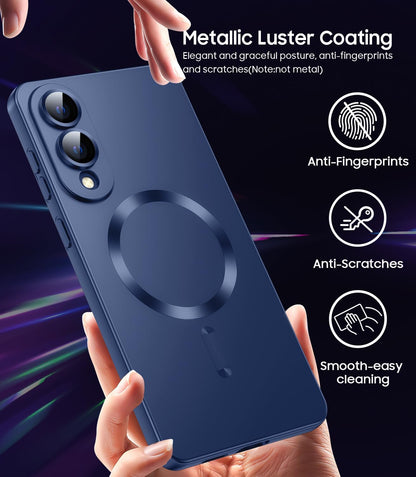 Magnetic for Samsung Galaxy S25 Edge Case [Compatible with MagSafe][Built-in Camera Lens Protector] Slim Soft Silicone Bumper Shockproof Metallic Luster Phone Case (Blue)