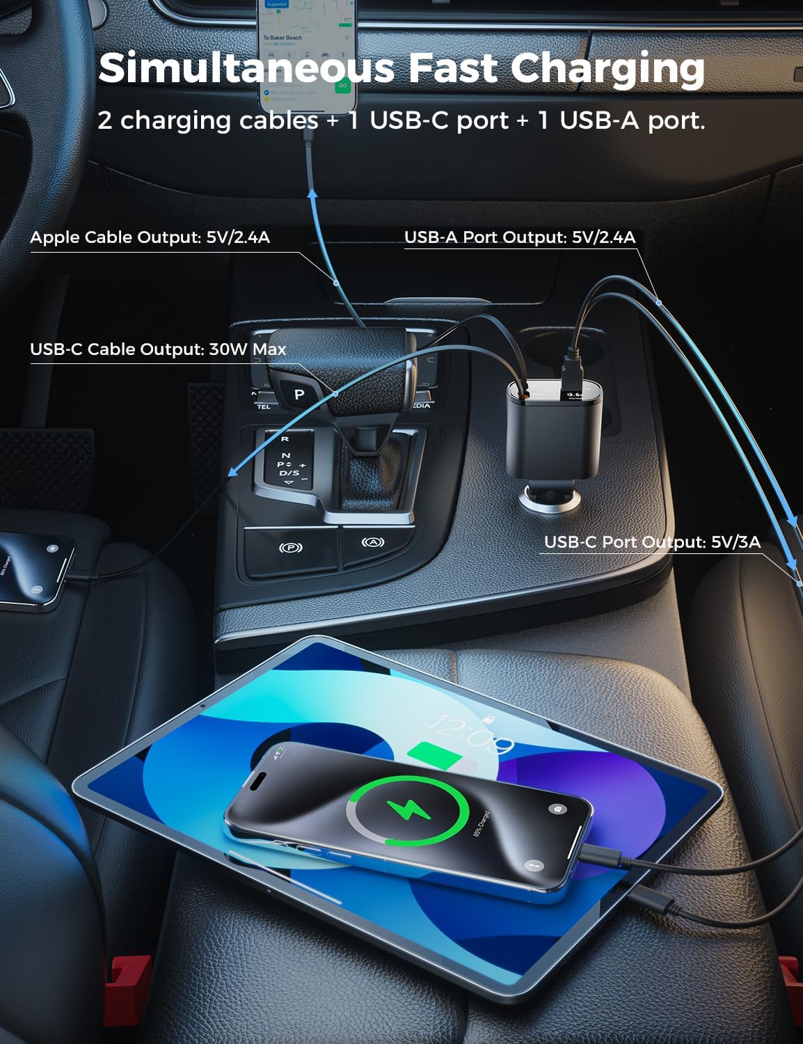 【Upgraded】 SUPERONE Retractable Car Charger 4 in 1, Fast Car Phone Charger with Cord 2.6ft, USB C and Apple Car Adapter, Compatible with iPhone 16 15/15 Pro Max/14/13/12/11, Galaxy, Pixel