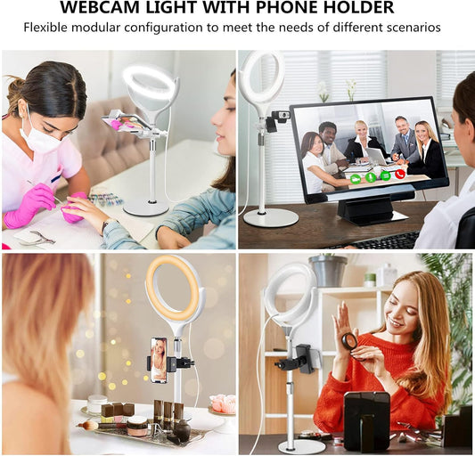 8 inch Desk Ring Light with Stand, Adjustable Computer Circle Light for Video Conference Lighting, Zoom Calls, Virtual Meeting, Video Recording, Selfie Light with Phone Holder for Streaming, Podcast