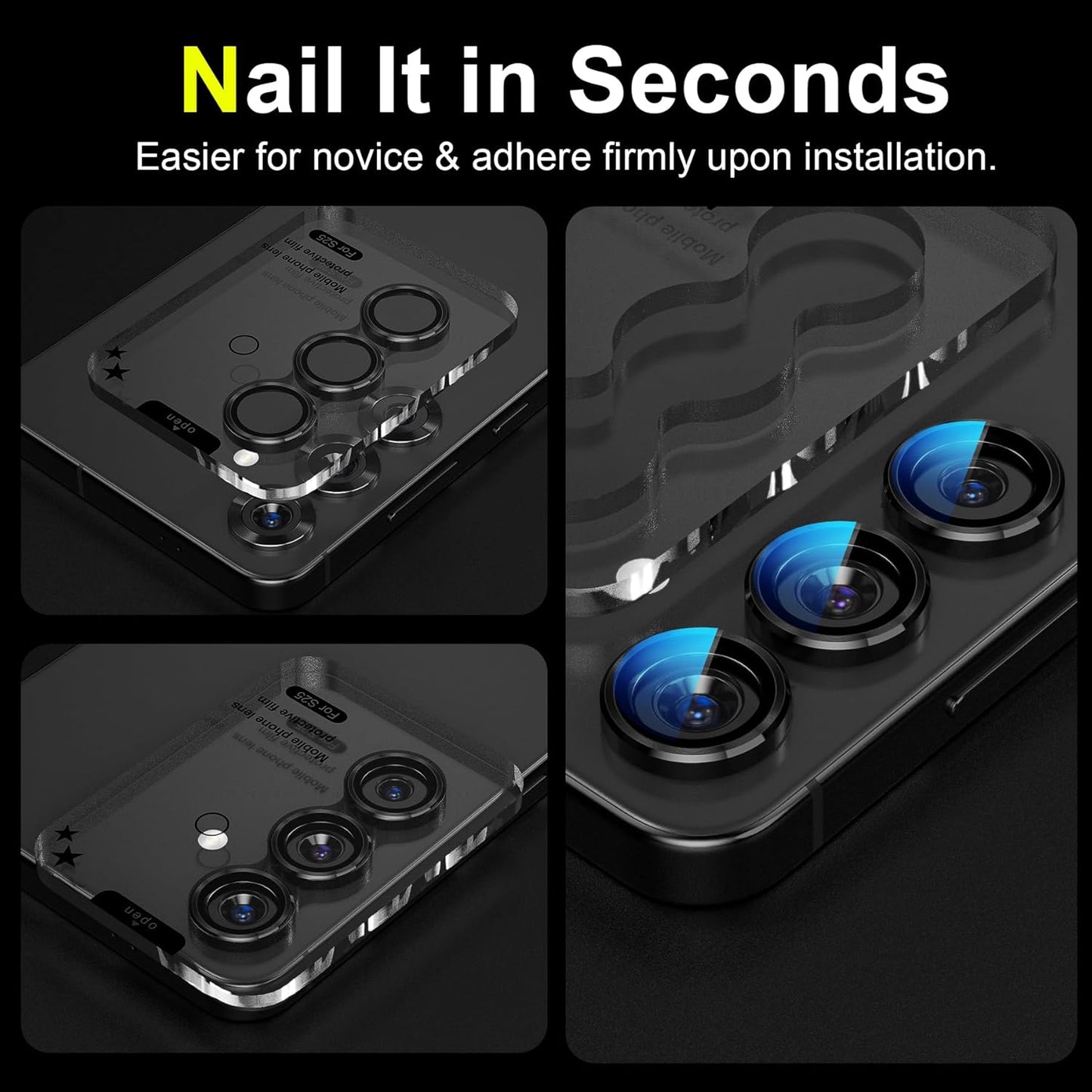 YWXTW Camera Lens Protector for Samsung Galaxy S25 Accessories [1:1 Fit & Ultra Clarity] 9H Tempered Glass Metal Individual Ring Camera Cover Screen Protector for S25, Case Friendly (Black)