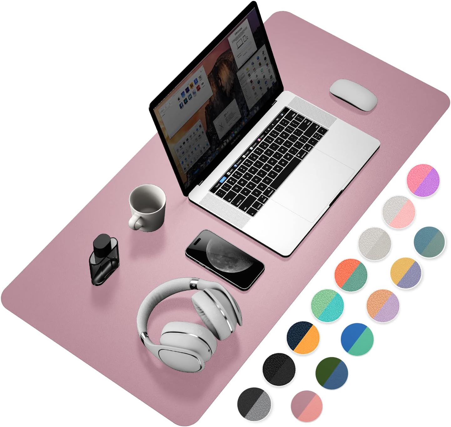 YSAGi Desk Mat, 35.4" x 17" Waterproof Laptop Leather Pad Protector, Large Blotter for Keyboard and Mouse, Writing Pad for Office and Home (Dark Pink+Pink)