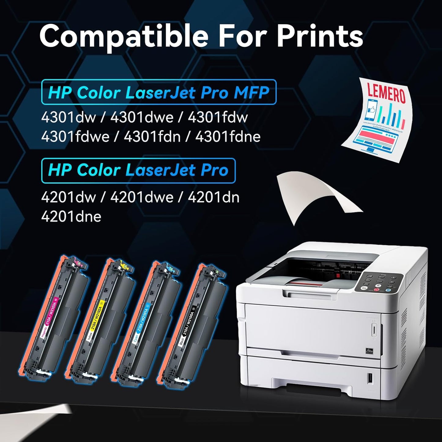 LEMERO 210A Compatible Toner Cartridges Replacement for HP 210A 210X Toner Cartridges Set for HP Color Pro 4201dn 4201dw MFP 4301dw 4301fdn 4301fdw Printer 4 Pack (with Chip for HP210A)