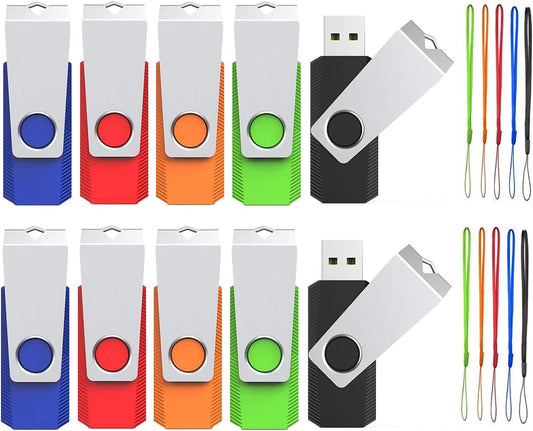4GB USB Flash Drive 10 Pack, Wooolken USB 2.0 Thumb Drives with Lanyards Swivel Memory Stick for Data Storage and Backup (Mixed Colors)