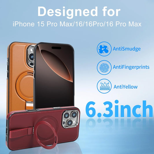 Leather Case, Suitable for iPhone 16 Pro Case, Invisible Magnetic Design, Equipped with a Lanyard and Foldable Stand, Black, Yellow and red (Black, iPhone 16 Pro)