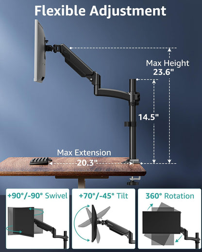 Single Monitor Mount Arm, VESA Desk Mount Stand for 13-32 inch Computer Screen up to 22 lbs, Adjustable Height Tall Monitor Arm with Tilt Swivel Rotation, VESA 75 100mm, Black, Freelift