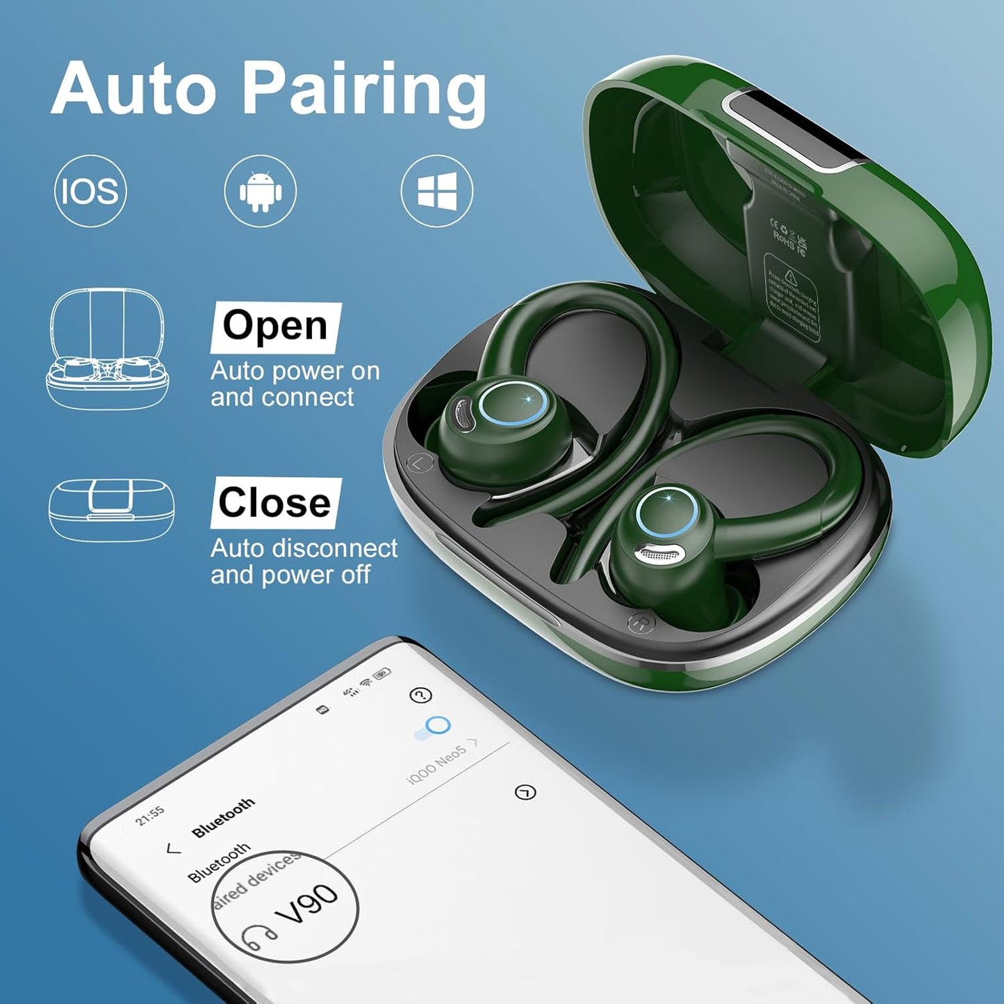 Wireless Earbuds Bluetooth 5.3 Headphones Sports, 48Hrs Playtime Bluetooth Earbuds with CVC 8.0 Mic, Stereo Bass Over Ear Bud with Earhooks, LED Display, IP7 Waterproof Earphon for Running Green