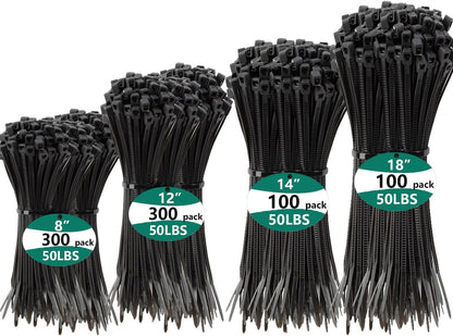 800 PCS Black Zip Ties Assorted Sizes 8+12+14+18 Inch Self-locking Nylon Cable ties Heavy Duty Outdoor, UV Resistant Wire Straps for Home Office Garden Workshop Indoor Outdoor Fence