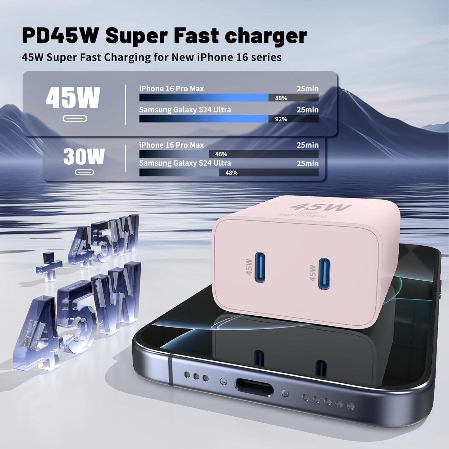 Super Fast Samsung Charger Type C,45W Dual Port USB C Fast Charger Block [2-Pack] & Extra Long 60W 3/6/6/10FT USB C Cable - PD Quick Charging 3.0 for Samsung Galaxy S25 Ultra/S24+/S23 iPhone 16
