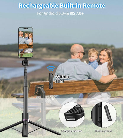 68" Magnetic Selfie Stick Tripod with Rechargeable Detachable Remote for Magsafe, Portable Small Extendable Phone Stand Tripods with Metal Ring, 360° Rotation for Vlog/Live Stream/Travel/Black