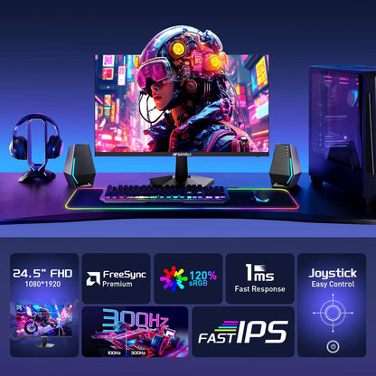 SANSUI Gaming Monitor, 24.5" 300hz 240hz FHD 1080P 1ms FPS PC Monitor Gaming, HDR, FreeSync, DisplayPort x2 HDMI x2, Fast IPS, 120% sRGB, Audio Jack, VESA Support, Desktop Compatible(ES-G25X1 PRO)