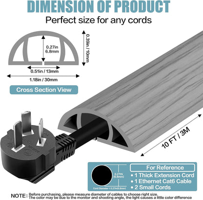 Floor Cord Cover Self Adhesive Cord Hider,10FT Cable Management, Extension Strip Protector for Wires, Prevent Cable Trips for Offices, Gyms, Exhibitions Cavity:0.39"(W) x 0.27"(H) Gray Wood