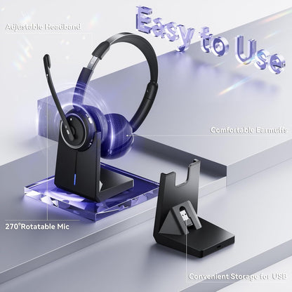 Wireless Headset with Mic for Work, Bluetooth Headset with Mic (AI Noise Canceling & Mic Mute), Wireless Headphones with USB Dongle & Charging Base for Work/Home/Call Center/PC/Computer/Zoom/Teams