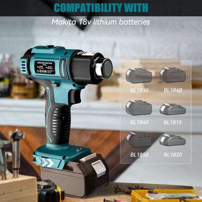 LIVOWALNY Cordless Heat Gun Compatible with Makita 18V Battery: LCD Digital Display - 350W 122℉-1022℉ Adjustable Portable Battery Powered Hot Air Gun for Shrink Tubing Crafts Vinyl Wrap (No Battery)
