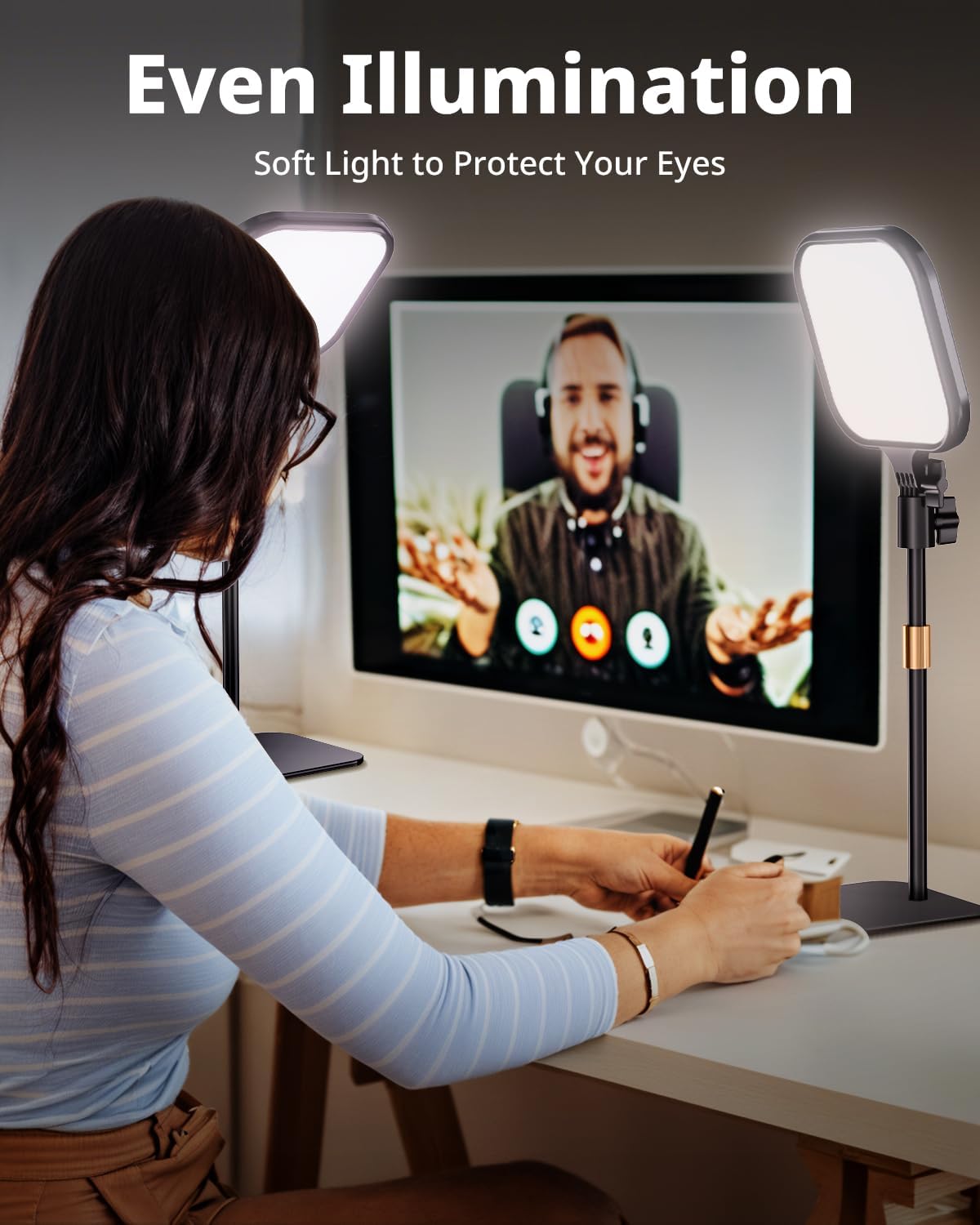 UBeesize Zoom Lighting for Computer, Video Conference Lighting for Video Calls, Desk Light with Stand and Phone Holder for Webcam, Home Office, Podcast, Online Meetings, Live Streaming（2 Pack