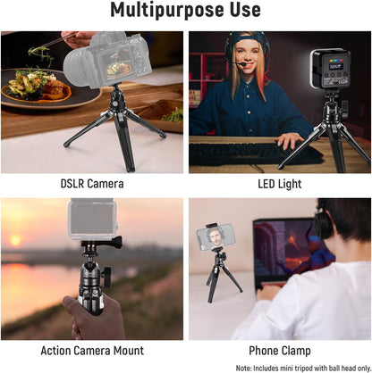 NEEWER Mini Desk Tripod, Metal Table Top Small Portable Travel Selfie Stick Stand with 360° Ball Head & 1/4" Screw for Camera Mobile Phone Holder Action Cam, Cleaning Cloth, Max Load 6.6 lbs, TP29