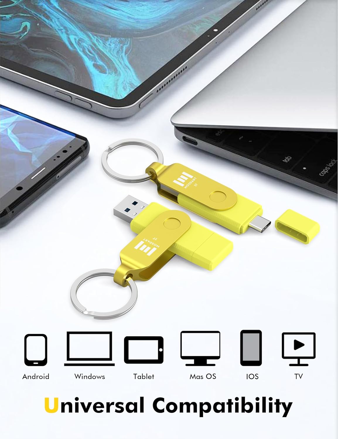 MOSDART 1TB USB3.1 Fast Speed C and A Dual Flash Drive, exFAT Memory Stick with Keychain and LED Indicator, for iPhone 15 and 16, Android Phone, iPad, MacBook, and Other Laptops,Yellow