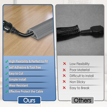 Floor Cord Cover for Wires on Floor Self Adhesive Cord Hider Floor Cable Management Wire Covers for Cords Protector Prevent Cable Trips Cord Cavity W 0.32" x H 0.32", Gray Wood, 3.3Ft