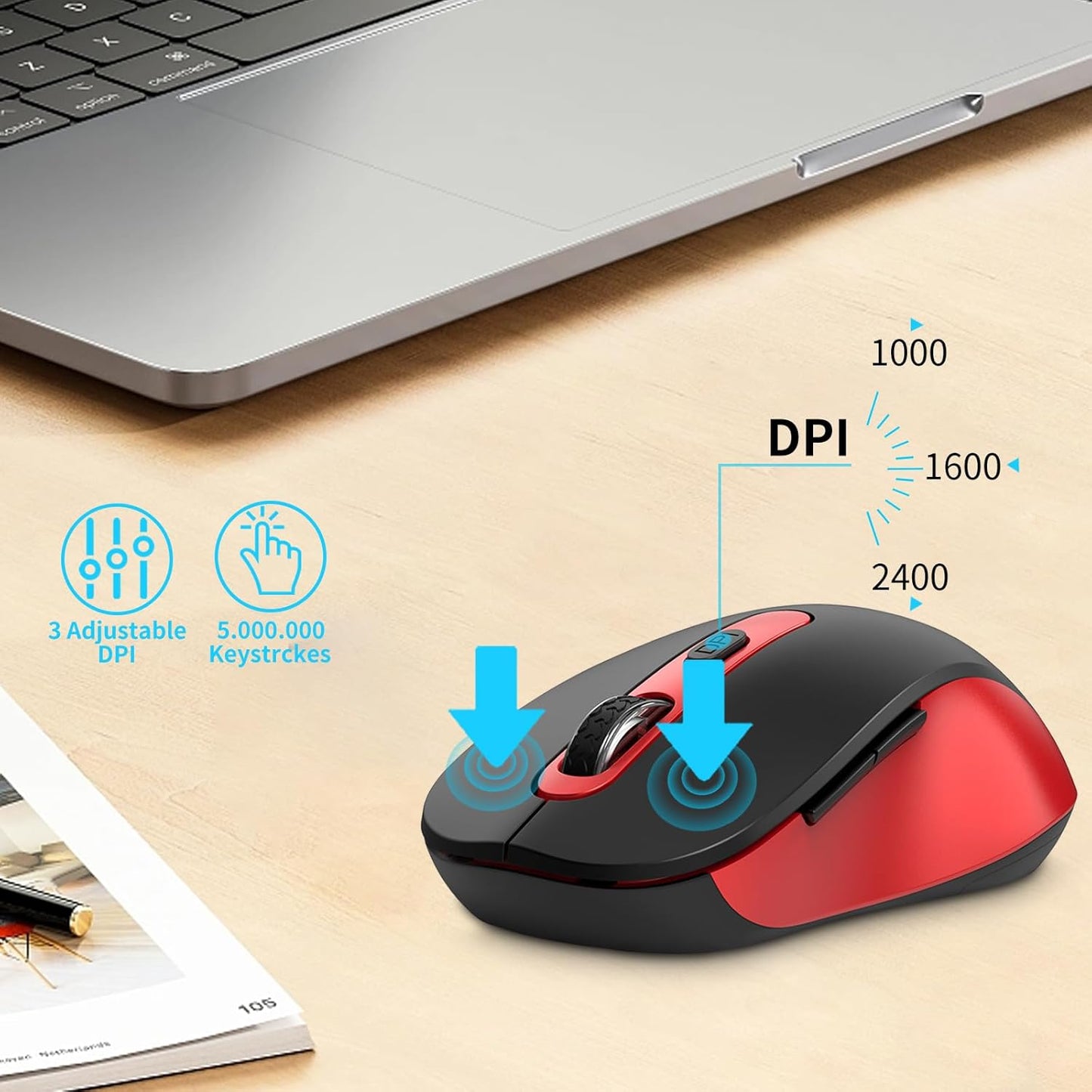 Wireless Mouse for Laptop, PC, Chromebook, Mac, MacBook, Silent Mouse with USB Nano Receiver, Side Button, 2400 DPI, Anti Slip Roller, 6 Button Ergonomics Cordless Computer Mice - Black Red