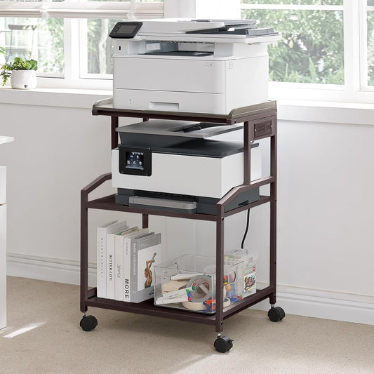Lauren&Harold 34'' Printer Stand with Power Outlets & USB Ports, 3-Tier Adjustable Rolling Cart, Heavy Duty 150LBS Storage Table with Wheels for Office, Kitchen, Living Room, Bronze