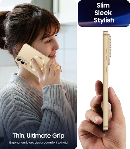 Magnetic for Samsung Galaxy S25 Edge Case [Compatible with MagSafe][Built-in Camera Lens Protector] Slim Soft Silicone Bumper Shockproof Metallic Luster Phone Case (Gold)
