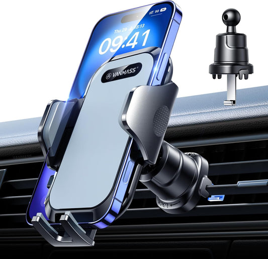 VANMASS Car Phone Holder Mount 2024 Upgraded [Patent Steel-Hook] Car Vent Phone Mount Clip Military-Grade Shockproof Cell Phone Car Mount Handsfree Truck Stand Vent Cradle for iPhone 15 Android,Grey