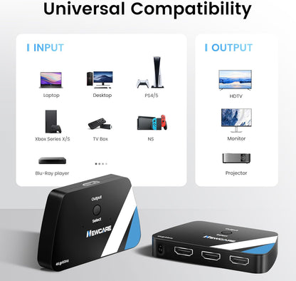 NEWCARE HDMI Switch 3 in 1 Out, 4K@60Hz HDMI Splitter with Remote, HDMI Switcher Support HDCP2.2 Dolby HDR10+ VRR 3D, Compatible with TV PS5/4 Xbox Laptops PC Projector Blu-ray Player