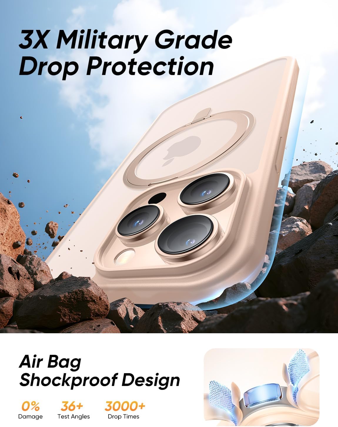 MAGIC JOHN 360° Rotatable Magnetic Invisible Stand for iPhone 15 Pro Case [Anti-Slip Grip] [Compatible with MagSafe] 16FT Shockproof for iPhone 15 Pro Case with Kickstand, Rose Gold