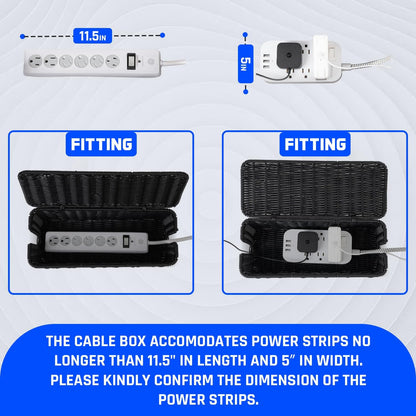 Cable Management Box, Handmade Rattan Cable Organizer, 2 Open Slots Cords Hider Box, Under Desk Cord Organizer for Computer Router USB Hub & Power Strip, Patent Pending, 13" x 5.1" x 5.1", Black