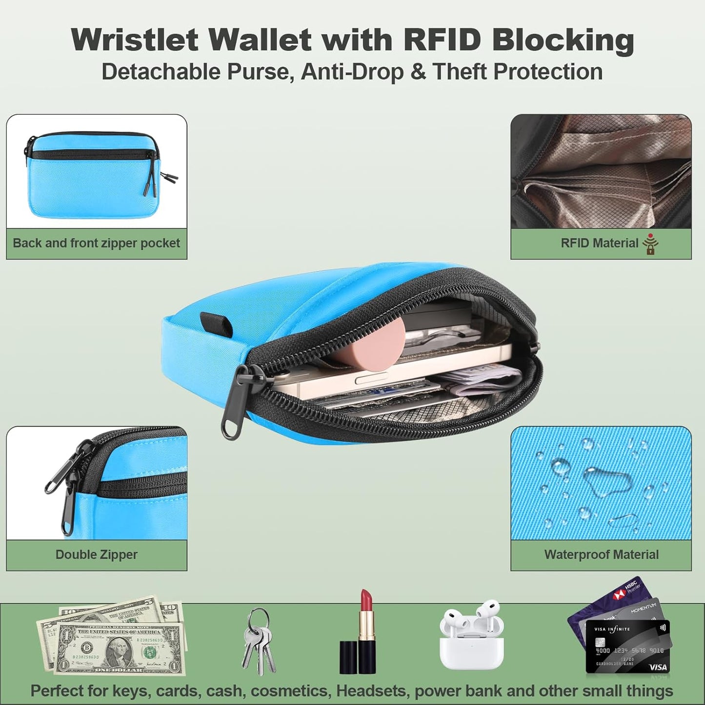 Clip and Go Strap for Phone with Wallet Crossbody, Adjustable Phone Lanyard with Detachable RFID Wristlet Wallet & Ultra-Thin 360° Rotatable Metal Tabs for All Smartphones (Blue)
