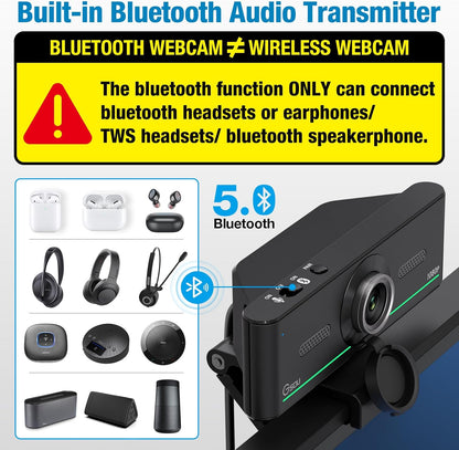 1080P Webcam with Microphone for Desktop, Computer Webcam Connect Bluetooth Headset/Earphone/Speaker, Streaming Webcams for Live Skype Teams, PC Web Camera for Streaming,Bluetooth only for Audio