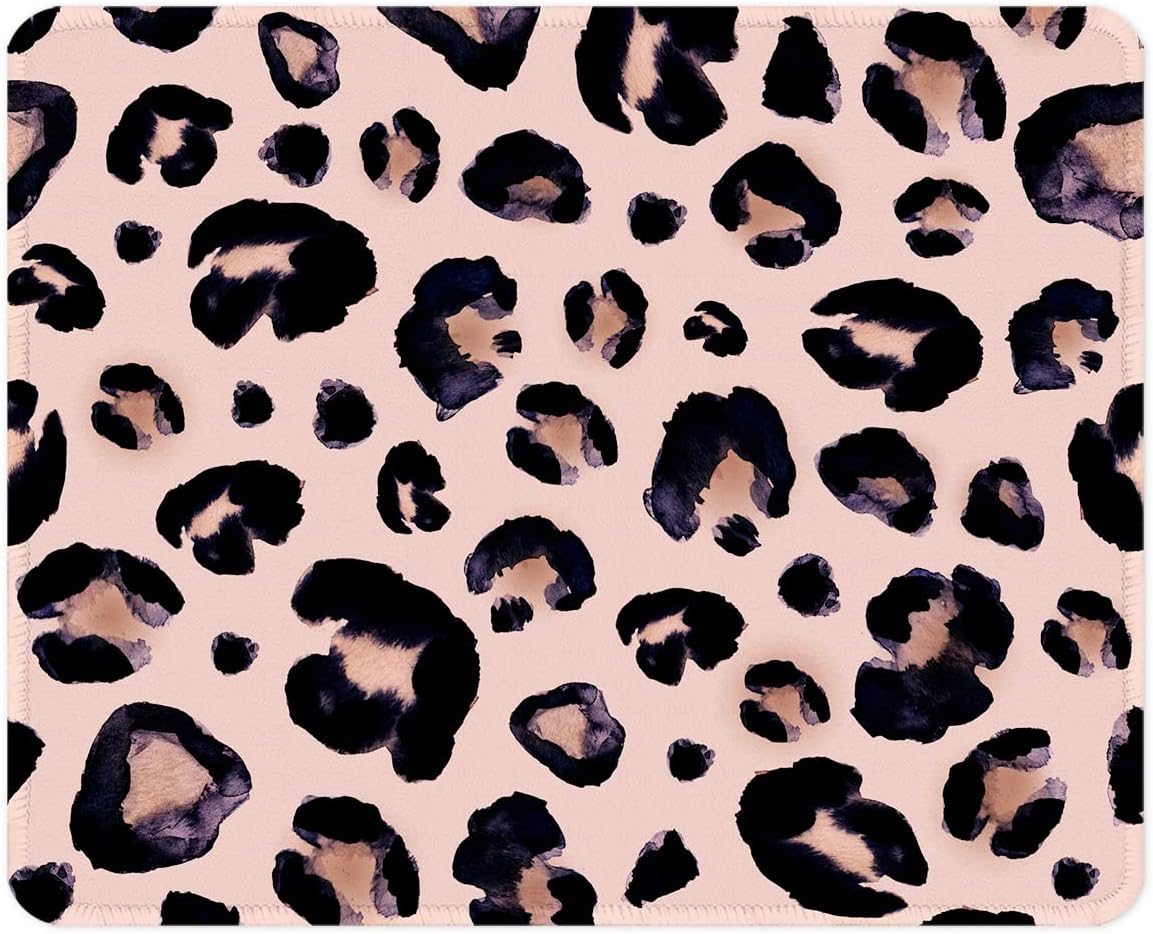 ITNRSIIET Mouse Pad with Stitched Edge Premium Textured Smooth Precise Operation Waterproof Washable Non-Slip Rubber Base Desktop Protection Mat, 10.2×8.3×0.12 inches, Leopard Black Purple