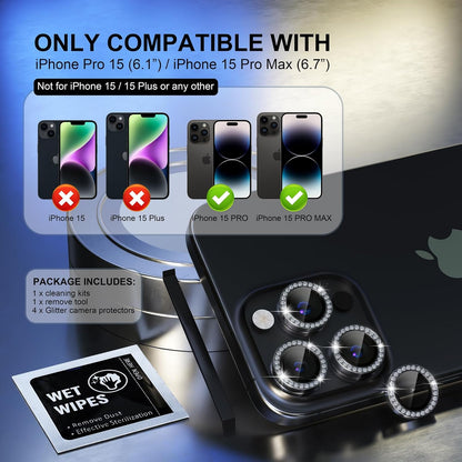 Choiche Compatible for iPhone 15 Pro/iPhone 15 Pro Max Camera Lens Protector Bling, 9H Tempered Glass Camera Cover Screen Protector Metal Ring Decoration Accessories (Diamond-Black)